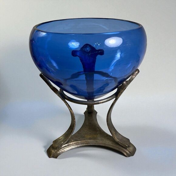 VTG Cobalt Blue Glass Pedestal Compote Apothecary Jar Hand Blown Silver Overlay - Picture 1 of 16